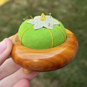 Handmade Wood Base Pincushion with Green Cushion Top - Green/Brown